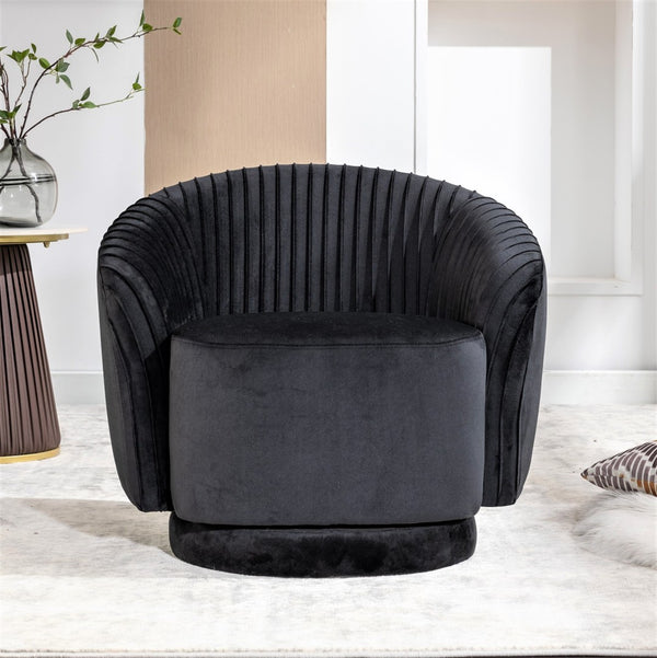 English Elm Velvet Pleated Barrel Swivel Accent Chair Thick Cushioned Seat for Living Room Bedroom Black B2735P512907
