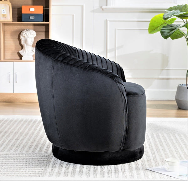 English Elm Velvet Pleated Barrel Swivel Accent Chair Thick Cushioned Seat for Living Room Bedroom Black B2735P512907