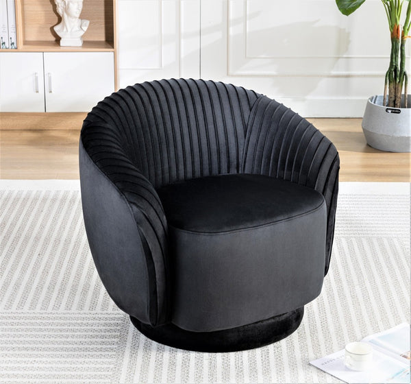 English Elm Velvet Pleated Barrel Swivel Accent Chair Thick Cushioned Seat for Living Room Bedroom Black B2735P512907