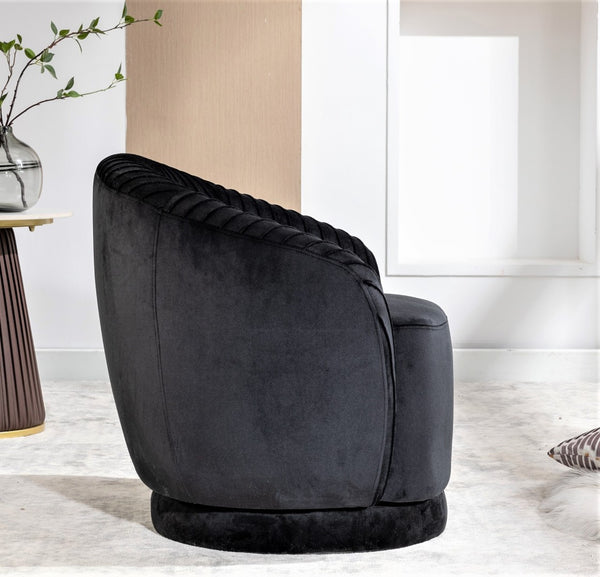 English Elm Velvet Pleated Barrel Swivel Accent Chair Thick Cushioned Seat for Living Room Bedroom Black B2735P512907