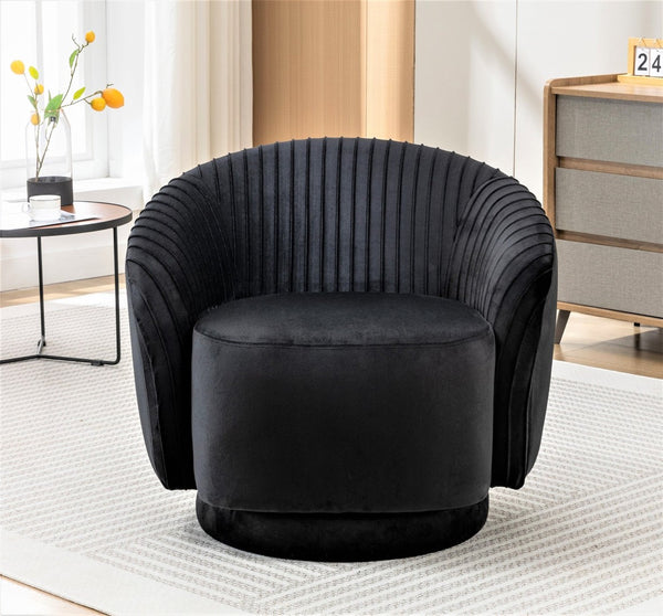 English Elm Velvet Pleated Barrel Swivel Accent Chair Thick Cushioned Seat for Living Room Bedroom Black B2735P512907