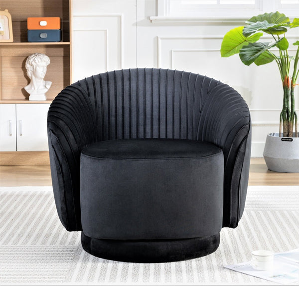 English Elm Velvet Pleated Barrel Swivel Accent Chair Thick Cushioned Seat for Living Room Bedroom Black B2735P512907