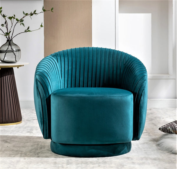 English Elm Velvet Pleated Barrel Swivel Accent Chair Thick Cushioned Seat for Living Room Bedroom Teal Blue B2735P512909
