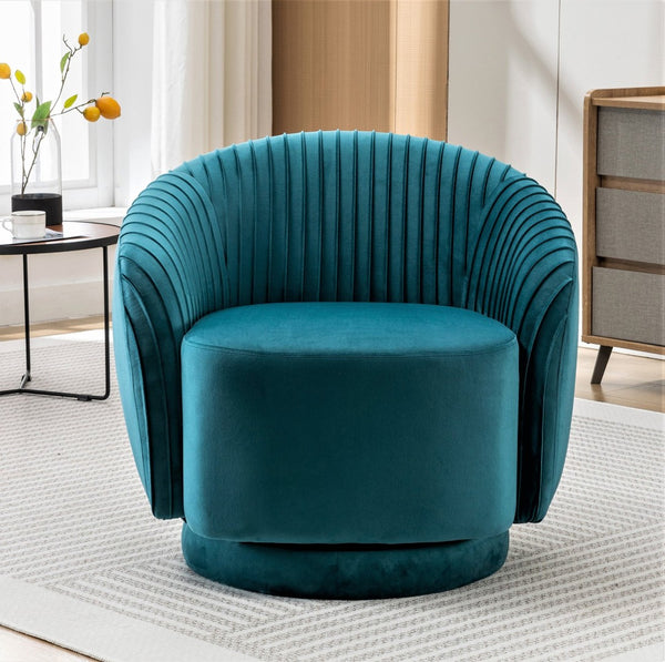 English Elm Velvet Pleated Barrel Swivel Accent Chair Thick Cushioned Seat for Living Room Bedroom Teal Blue B2735P512909