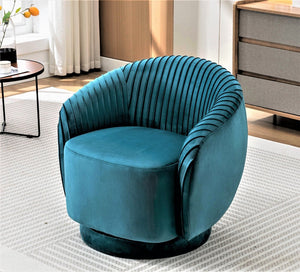 English Elm Velvet Pleated Barrel Swivel Accent Chair Thick Cushioned Seat for Living Room Bedroom Teal Blue B2735P512909