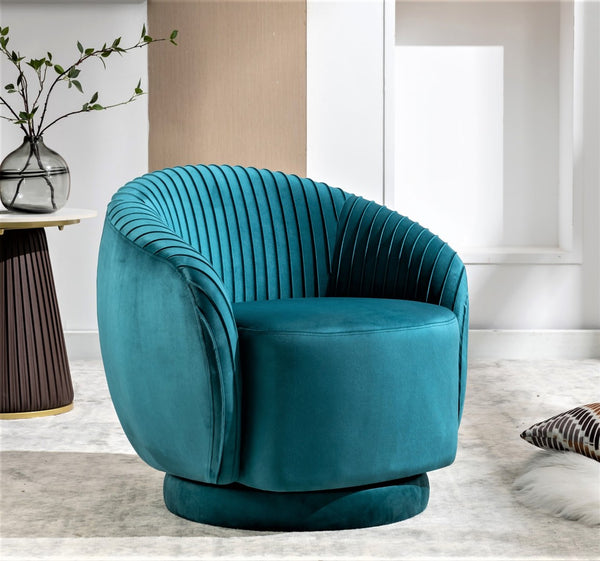 English Elm Velvet Pleated Barrel Swivel Accent Chair Thick Cushioned Seat for Living Room Bedroom Teal Blue B2735P512909
