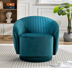 English Elm Velvet Pleated Barrel Swivel Accent Chair Thick Cushioned Seat for Living Room Bedroom Teal Blue B2735P512909