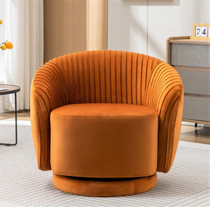 English Elm Velvet Pleated Barrel Swivel Accent Chair Thick Cushioned Seat for Living Room Bedroom Orange B2735P512910