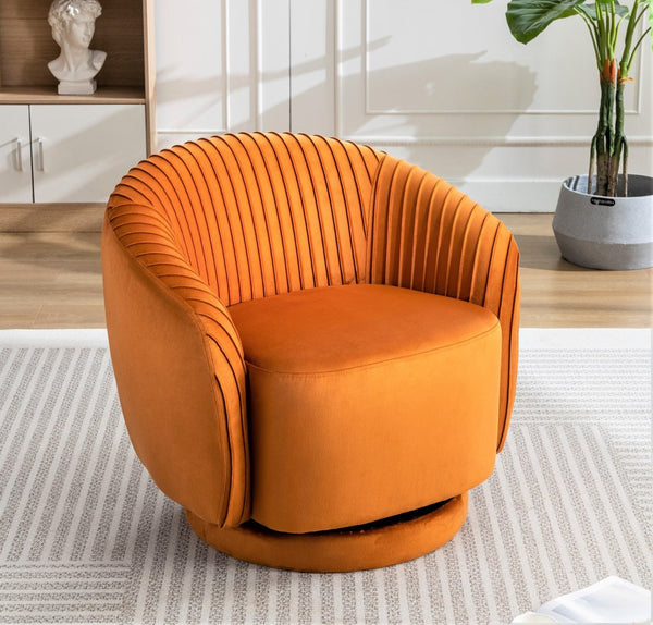 English Elm Velvet Pleated Barrel Swivel Accent Chair Thick Cushioned Seat for Living Room Bedroom Orange B2735P512910