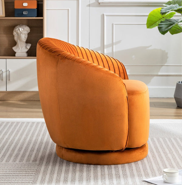 English Elm Velvet Pleated Barrel Swivel Accent Chair Thick Cushioned Seat for Living Room Bedroom Orange B2735P512910