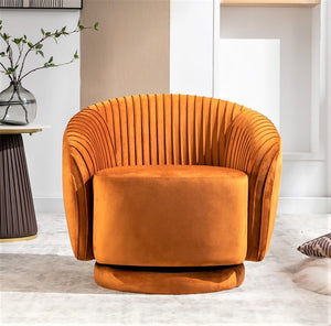 English Elm Velvet Pleated Barrel Swivel Accent Chair Thick Cushioned Seat for Living Room Bedroom Orange B2735P512910