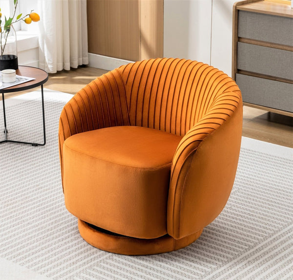 English Elm Velvet Pleated Barrel Swivel Accent Chair Thick Cushioned Seat for Living Room Bedroom Orange B2735P512910