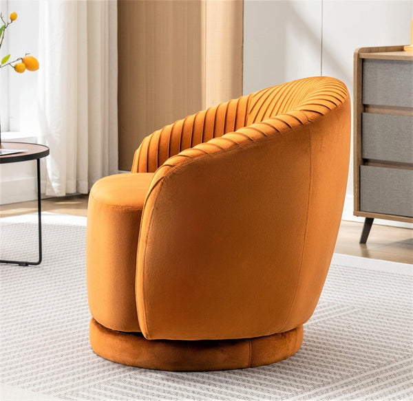 English Elm Velvet Pleated Barrel Swivel Accent Chair Thick Cushioned Seat for Living Room Bedroom Orange B2735P512910