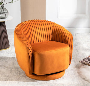 English Elm Velvet Pleated Barrel Swivel Accent Chair Thick Cushioned Seat for Living Room Bedroom Orange B2735P512910