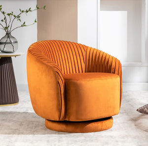 English Elm Velvet Pleated Barrel Swivel Accent Chair Thick Cushioned Seat for Living Room Bedroom Orange B2735P512910