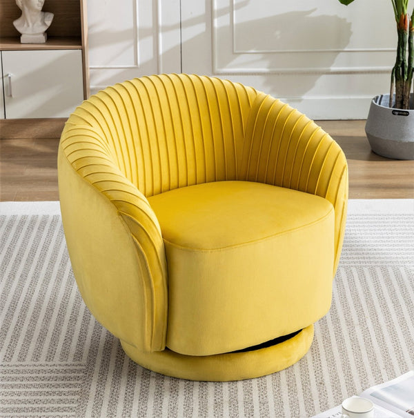 English Elm Velvet Pleated Barrel Swivel Accent Chair Thick Cushioned Seat for Living Room Bedroom Yellow B2735P512911