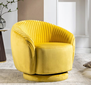 English Elm Velvet Pleated Barrel Swivel Accent Chair Thick Cushioned Seat for Living Room Bedroom Yellow B2735P512911