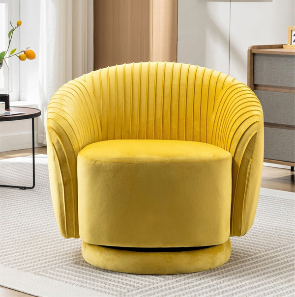English Elm Velvet Pleated Barrel Swivel Accent Chair Thick Cushioned Seat for Living Room Bedroom Yellow B2735P512911