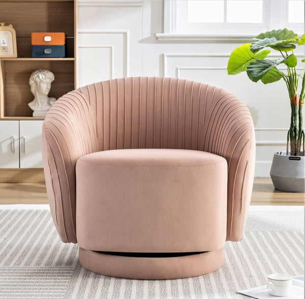 English Elm Velvet Pleated Barrel Swivel Accent Chair Thick Cushioned Seat for Living Room Bedroom Pink B2735P512913