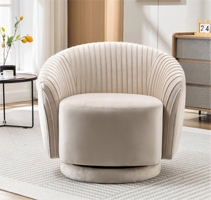 English Elm Velvet Pleated Barrel Swivel Accent Chair Thick Cushioned Seat for Living Room Bedroom Ivory B2735P512914