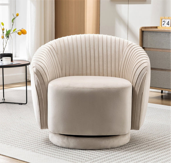 English Elm Velvet Pleated Barrel Swivel Accent Chair Thick Cushioned Seat for Living Room Bedroom Ivory B2735P512914