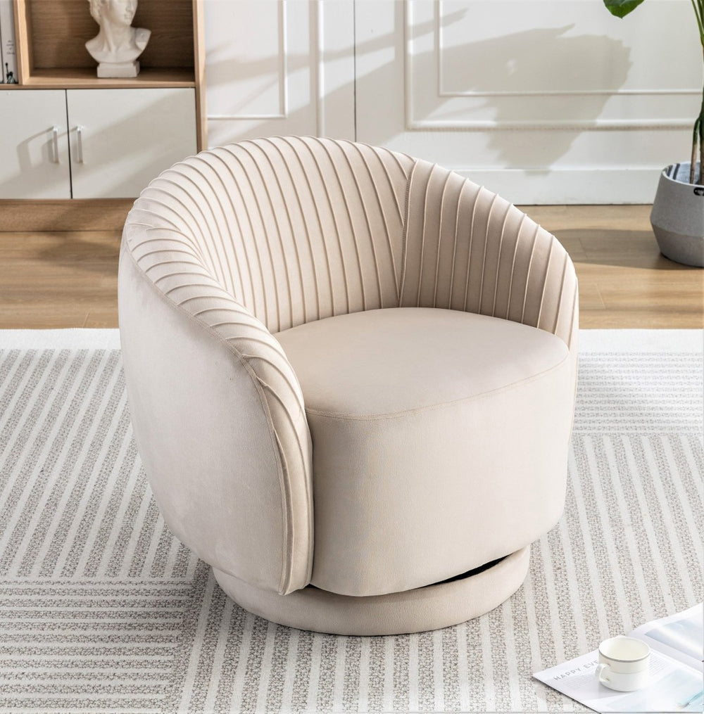 English Elm Velvet Pleated Barrel Swivel Accent Chair Thick Cushioned Seat for Living Room Bedroom Ivory B2735P512914