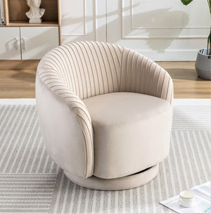 English Elm Velvet Pleated Barrel Swivel Accent Chair Thick Cushioned Seat for Living Room Bedroom Ivory B2735P512914