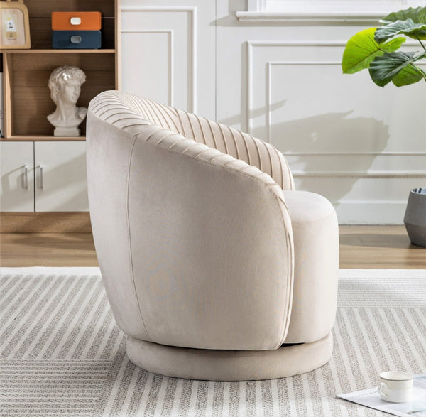 English Elm Velvet Pleated Barrel Swivel Accent Chair Thick Cushioned Seat for Living Room Bedroom Ivory B2735P512914
