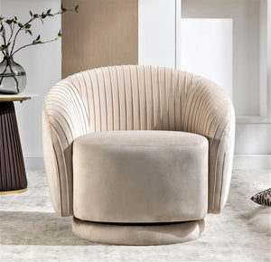 English Elm Velvet Pleated Barrel Swivel Accent Chair Thick Cushioned Seat for Living Room Bedroom Ivory B2735P512914