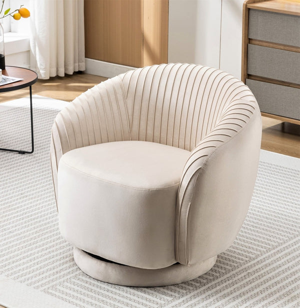 English Elm Velvet Pleated Barrel Swivel Accent Chair Thick Cushioned Seat for Living Room Bedroom Ivory B2735P512914