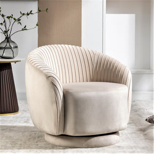 English Elm Velvet Pleated Barrel Swivel Accent Chair Thick Cushioned Seat for Living Room Bedroom Ivory B2735P512914