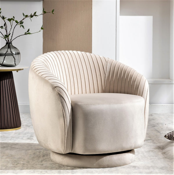 English Elm Velvet Pleated Barrel Swivel Accent Chair Thick Cushioned Seat for Living Room Bedroom Ivory B2735P512914