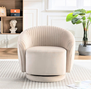 English Elm Velvet Pleated Barrel Swivel Accent Chair Thick Cushioned Seat for Living Room Bedroom Ivory B2735P512914