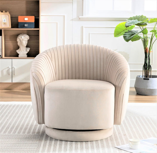 English Elm Velvet Pleated Barrel Swivel Accent Chair Thick Cushioned Seat for Living Room Bedroom Ivory B2735P512914