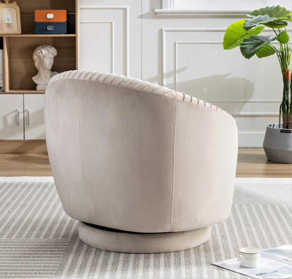 English Elm Velvet Pleated Barrel Swivel Accent Chair Thick Cushioned Seat for Living Room Bedroom Ivory B2735P512914