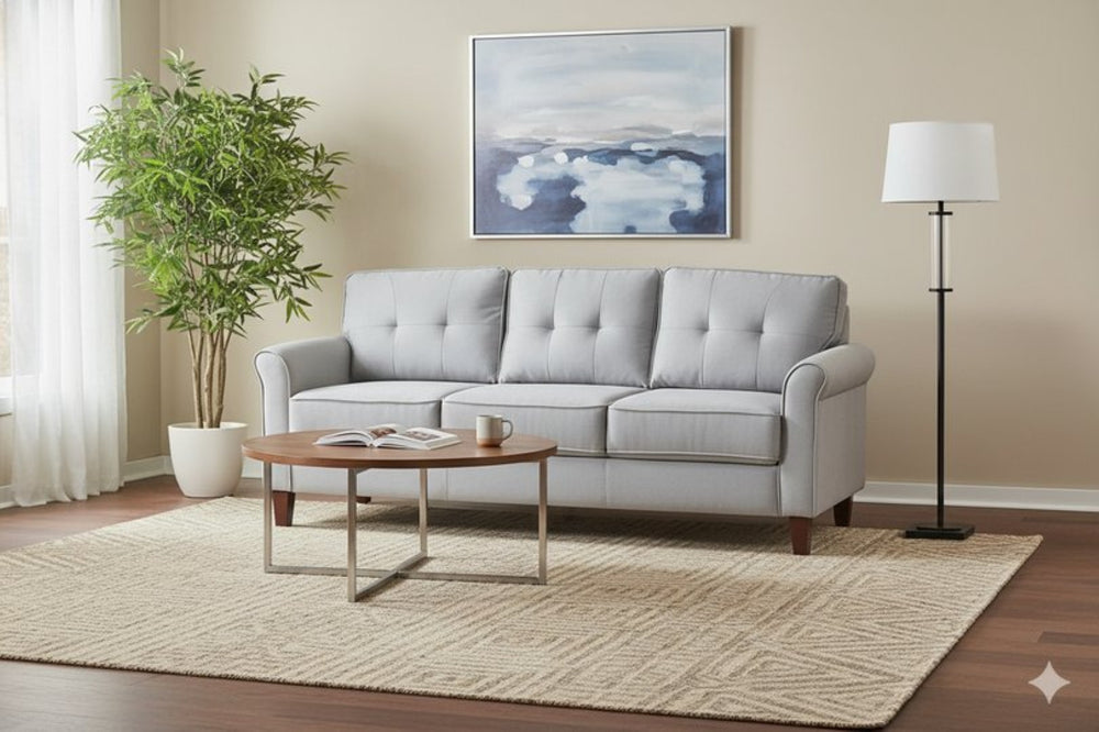 English Elm Light Grey Tufted 3 Seat Sofa Mid Century Modern Upholstered for Apartment Living B2735P514822