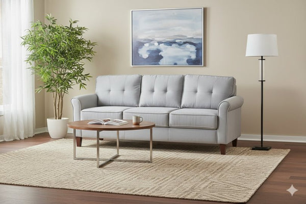 English Elm Light Grey Tufted 3 Seat Sofa Mid Century Modern Upholstered for Apartment Living B2735P514822