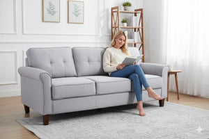 English Elm Light Grey Tufted 3 Seat Sofa Mid Century Modern Upholstered for Apartment Living B2735P514822