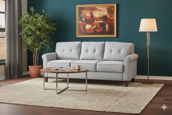 English Elm Light Grey Tufted 3 Seat Sofa Mid Century Modern Upholstered for Apartment Living B2735P514822