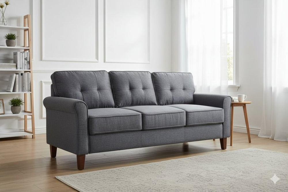 English Elm Dark Grey Tufted Three Seat Sofa Mid Century Upholstered Couch for Living Rooms B2735P514825