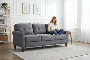 English Elm Dark Grey Tufted Three Seat Sofa Mid Century Upholstered Couch for Living Rooms B2735P514825