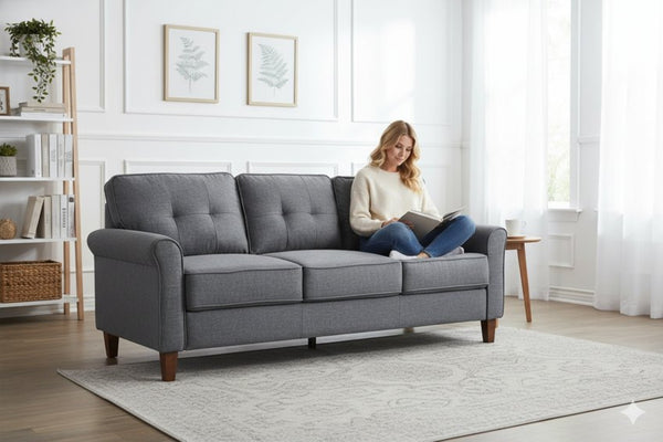English Elm Dark Grey Tufted Three Seat Sofa Mid Century Upholstered Couch for Living Rooms B2735P514825