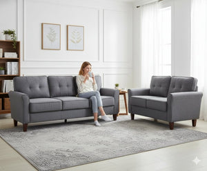 English Elm Dark Grey Tufted Three Seat Sofa Mid Century Upholstered Couch for Living Rooms B2735P514825