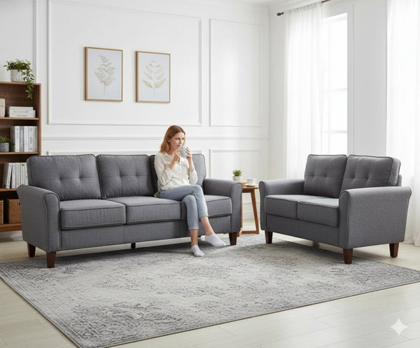 English Elm Dark Grey Tufted Three Seat Sofa Mid Century Upholstered Couch for Living Rooms B2735P514825