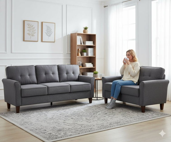 English Elm Dark Grey Tufted Three Seat Sofa Mid Century Upholstered Couch for Living Rooms B2735P514825