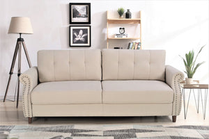English Elm Transitional Button Tufted Loveseat with Nailhead Trim Rolled Arms and Pine Frame Beige B2735P527506
