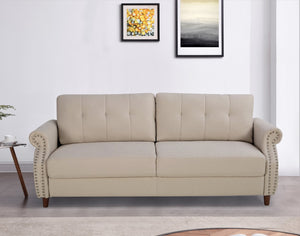 English Elm Transitional Button Tufted Loveseat with Nailhead Trim Rolled Arms and Pine Frame Beige B2735P527506