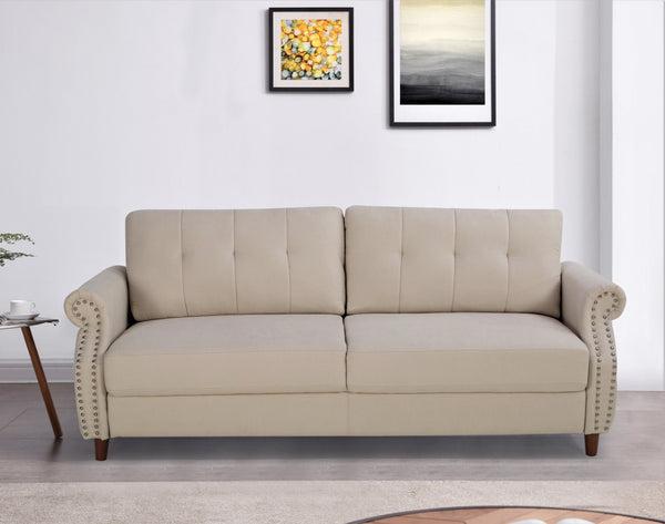 English Elm Transitional Button Tufted Loveseat with Nailhead Trim Rolled Arms and Pine Frame Beige B2735P527506