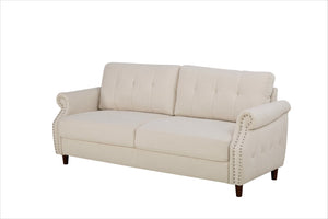 English Elm Transitional Button Tufted Loveseat with Nailhead Trim Rolled Arms and Pine Frame Beige B2735P527506