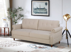 English Elm Transitional Button Tufted Loveseat with Nailhead Trim Rolled Arms and Pine Frame Beige B2735P527506
